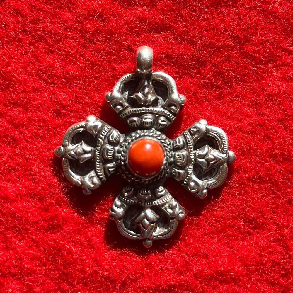 Tibet Buddha Double Dorje Vajra Spiritual Strength 1.5” Pendant w Red Stone